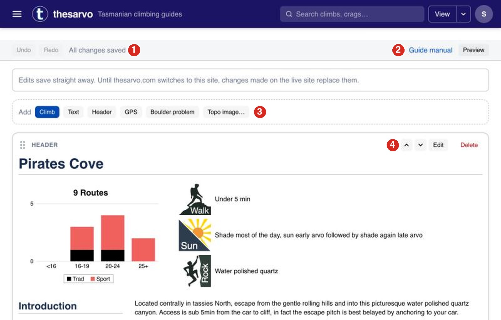 The guide editor with its toolbar, insert bar and a block
